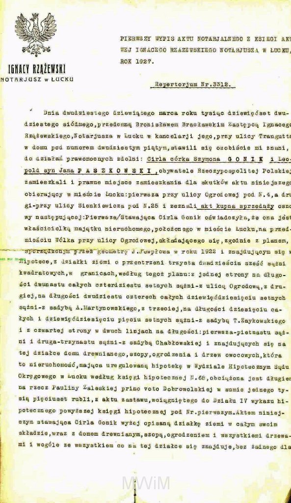 KKE 5922-1.jpg - Dok. Akt notarialny. Umowa zawarta między Cirlą Goniak a Leopoldem Kleofasem Paszkowskim. Pierwszy wypis z księgi notariusza Ignacego Rzążewskiego, Łuck, 29 III 1927 r.